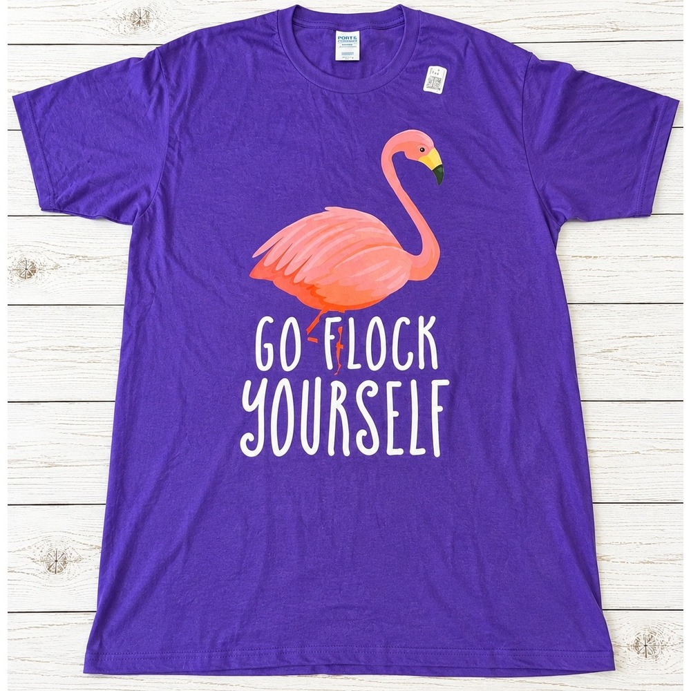 Port & Company T-Shirt Go Flock Yourself Flamingo Graphic Purple Large NWOT